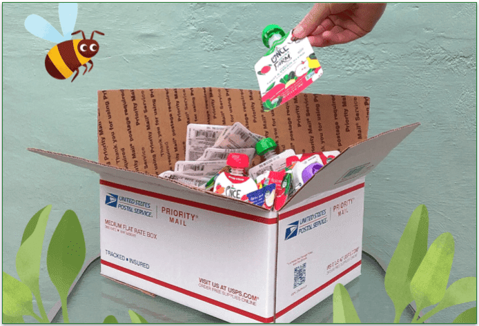 Pouches being put into a priority mailing box for sending back to the company