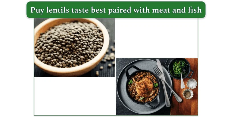 Top: Puy lentils in a bowl. Bottom: Duck confit with puy lentils and spinach