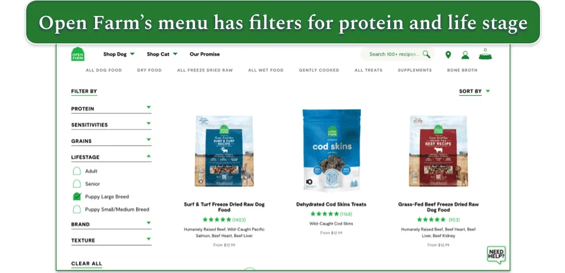 Screenshot of Open Farm’s menu sorted by Puppy Large Breed