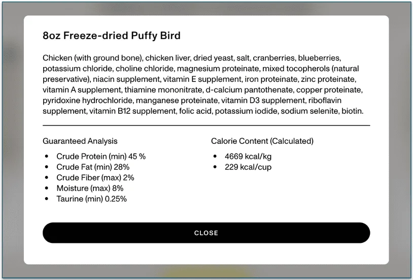 Screenshot of Smalls Freeze-dried Puffy Bird recipe
