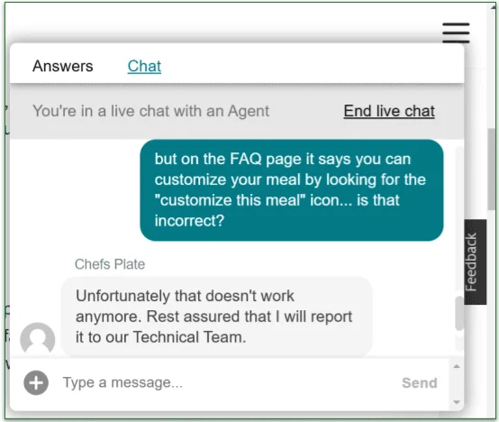 Chat window on Chef's Plate Live Chat
