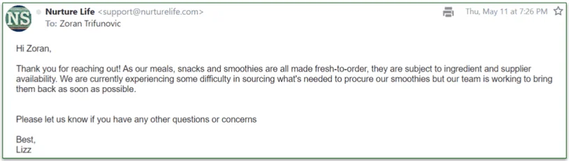 Nurture Life’s support agent replied to my email quickly