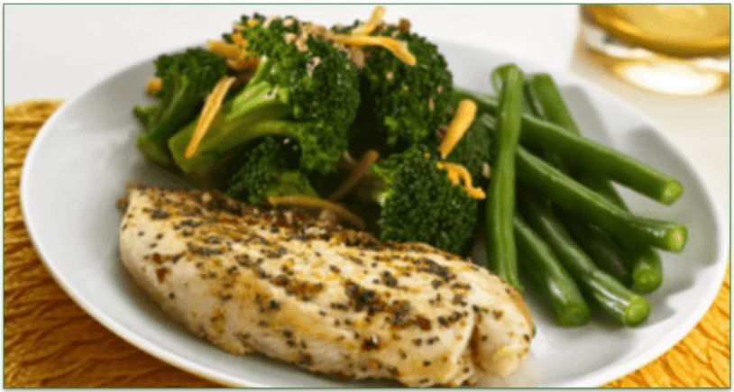 a screenshot of diet-to-go's lemon herb chicken breast with broccoli & green beans