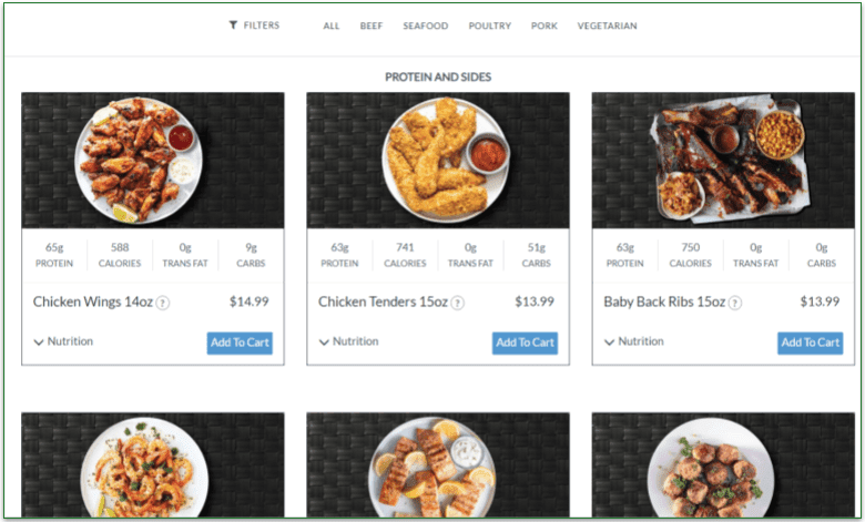 MealPro's Protein and Sides menu