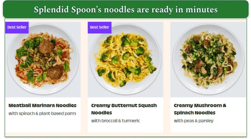 Screenshot of 3 noodle dishes from Splendid Spoon