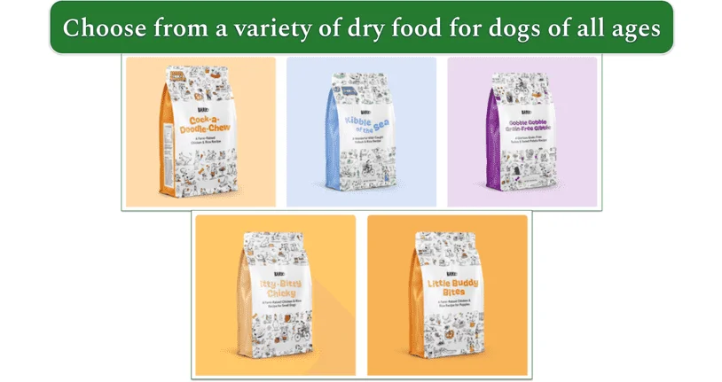 Image showing the 5 kibble options from Bark food