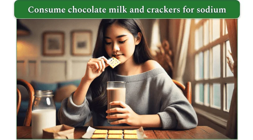 A young woman is eating crackers while holding a glass of chocolate milk.