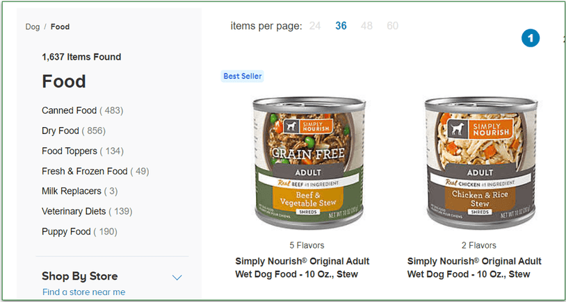 Screenshot of PetSmart's dog food options listing over 1,600 items