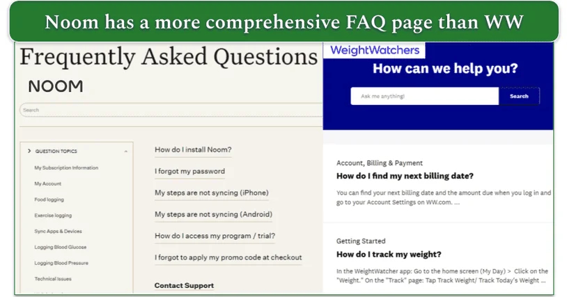 Noom and WW's FAQ pages