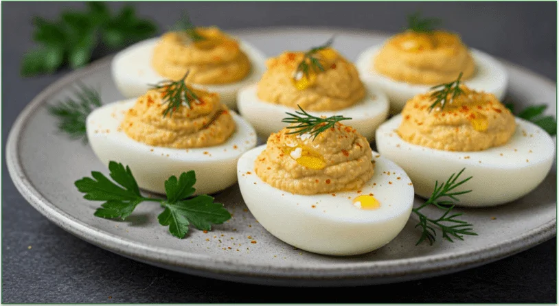 A plate of 6 deviled eggs stuffed with hummus and topped off with herbs.
