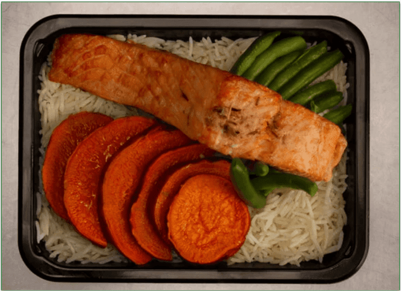 MealPro's Atlantic salmon with green beans, yams, and steamed rice