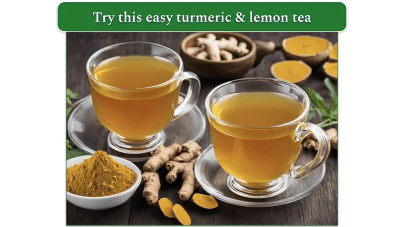 two cups of turmeric tea on a wooden table with some spices like ginger