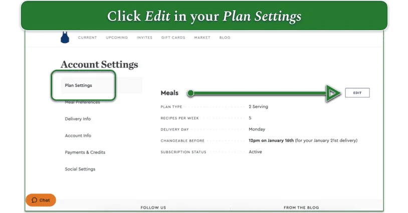 screenshot of blue apron's account settings with edit button highlighted