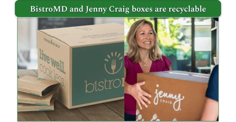 BistroMD delivery box and a woman receiving a Jenny Craig delivery box