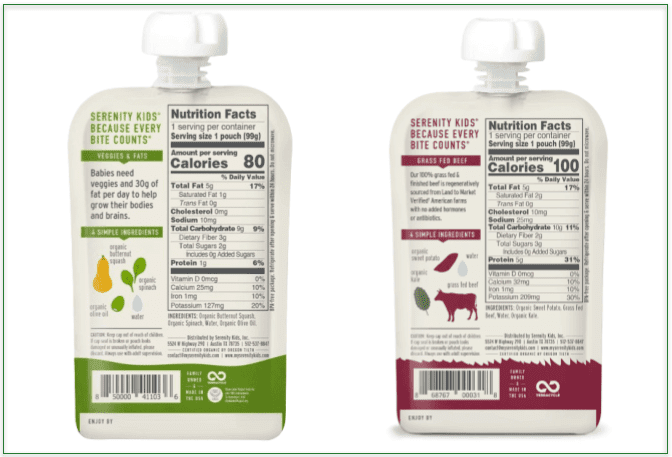Screenshot of 2 Serenity Kids pouches' labeling