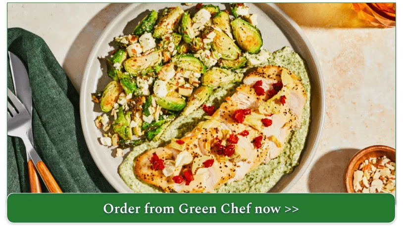 Green Chef's Mediterranean Chicken artichokes, roasted peppers, pepita pesto, Brussels sprouts