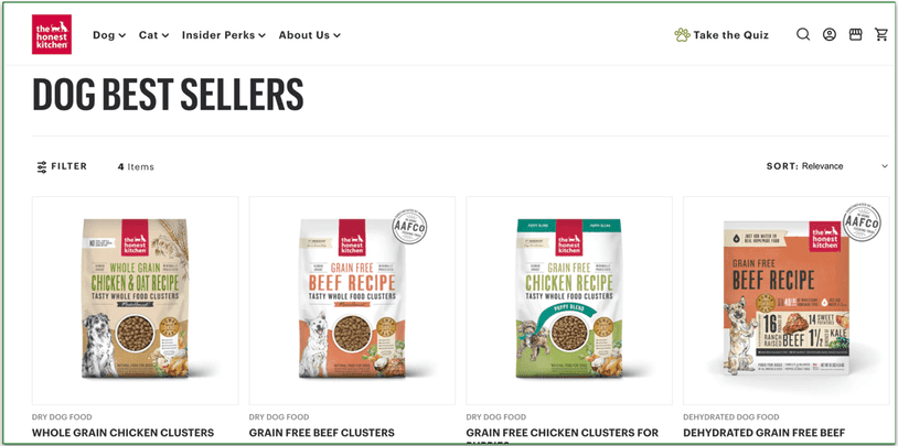 Screenshot of The Honest Kitchen’s bestselling dog food products