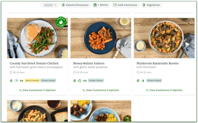Screenshot of Express dishes on Home Chef's menu