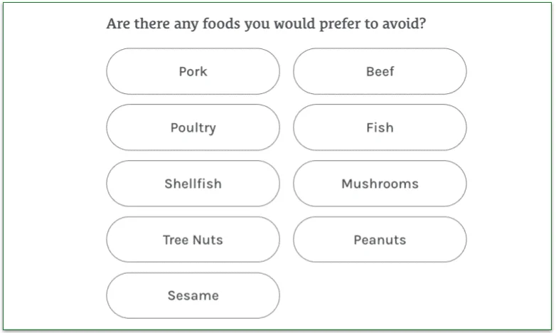 Screenshot of Home Chef's ingredient avoidance options