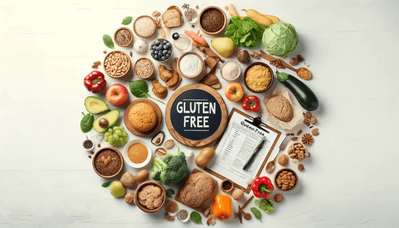 The words "Gluten Free" and a clipboard surrounded a circle of various foods