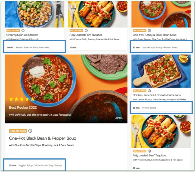 Image of HelloFresh's menu menu with recipe tags jighlighted