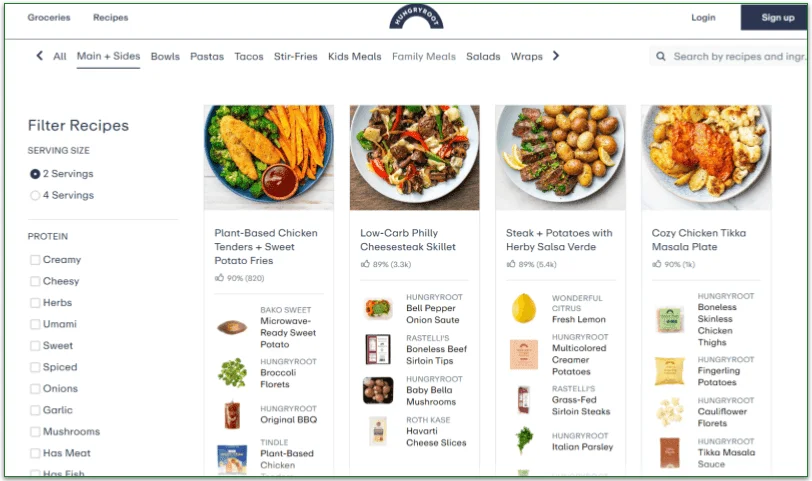 Hungryroot's recipe menu featuring mains and sides