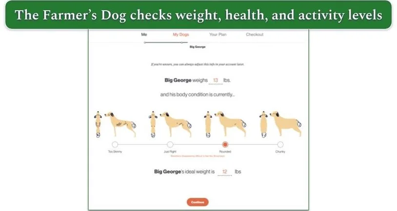 Screenshot of The Farmer's Dog introductory quiz