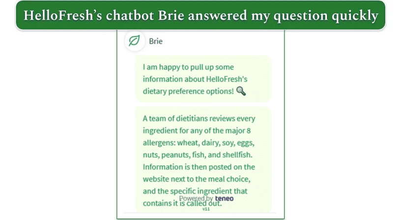 Screeshot of HelloFresh Chat Bot conversation