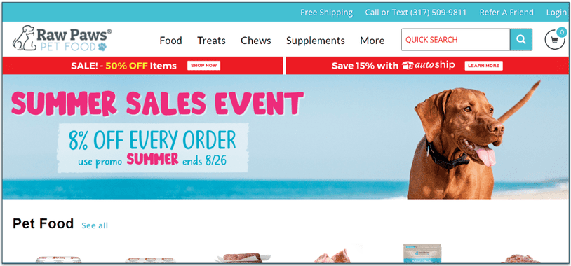 Raw Paws Pet Food's homepage