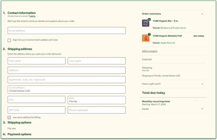 Screenshot of YUMI's Checkout page