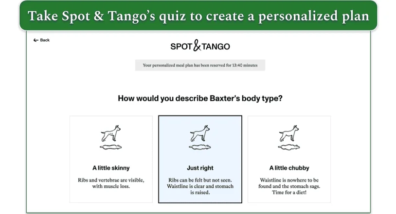 Screenshot of Spot & Tango’s quiz with a question on body type