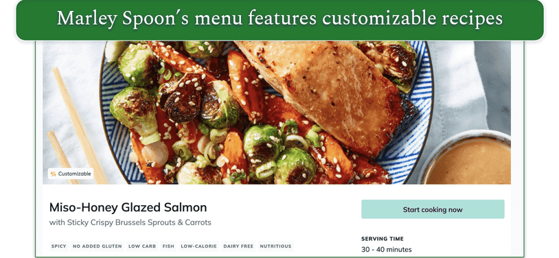 screenshot of Marley Spoon's Miso Honey salmon with a customizable tag