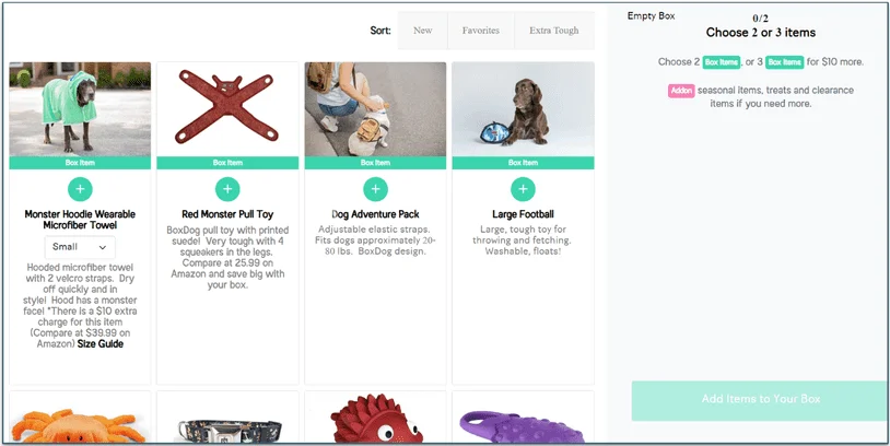 Available items to add to your box