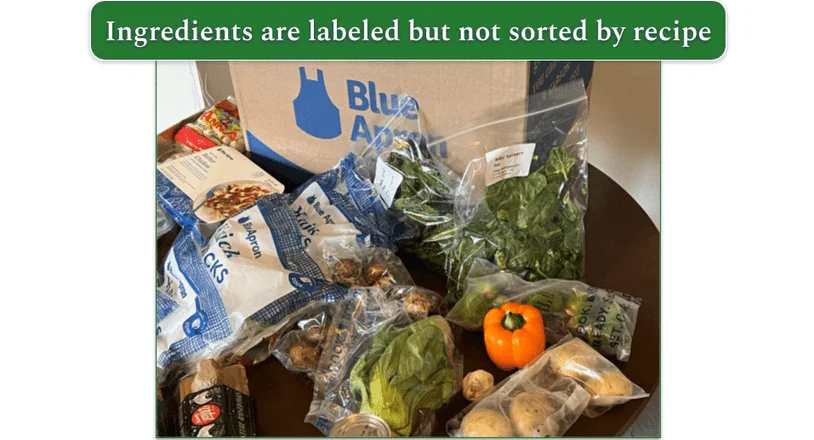 Unboxed Blue Apron order showing ingredients laid out