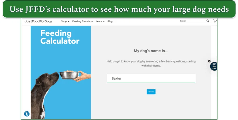 Screenshot of the first page of JustFoodForDog’s feeding calculator