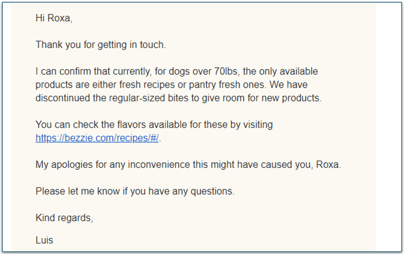 My email interaction with Bezzie customer support