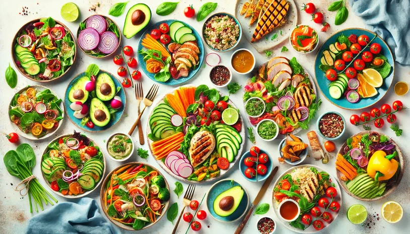 AI-generated depiction of an array of vegetables and other healthy foods