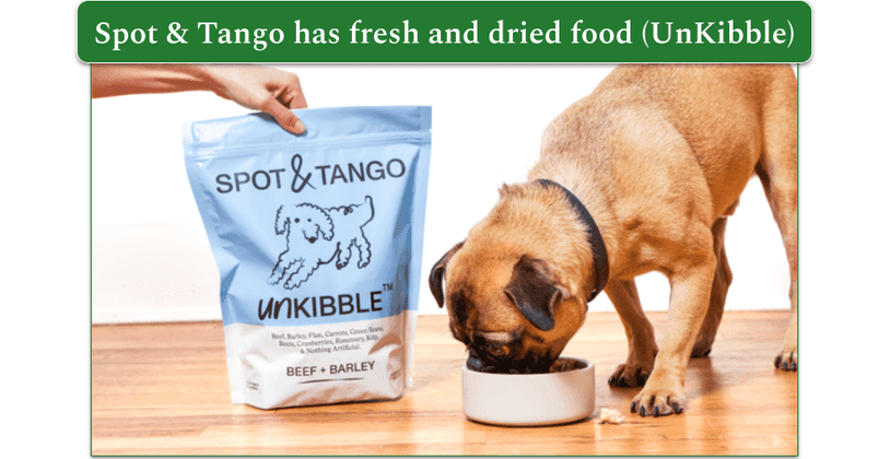 pug eating spot and tango unkibble out of a bowl with packet to the right