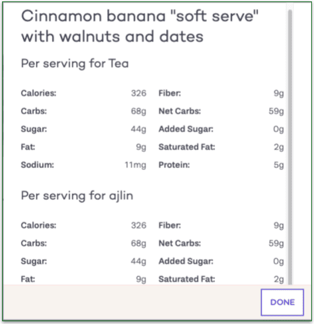 Screenshot of PlateJoy's nutritional and serving details for Banana "soft serve" recipe