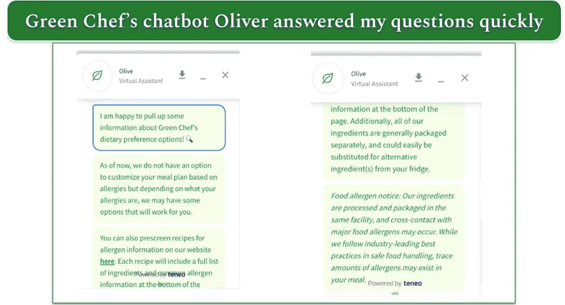 Screenshot of a conversation with Green Chef's text bot
