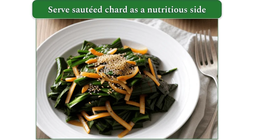 Bowl of sautéed chard sprinkled with sesame seeds served in a bowl