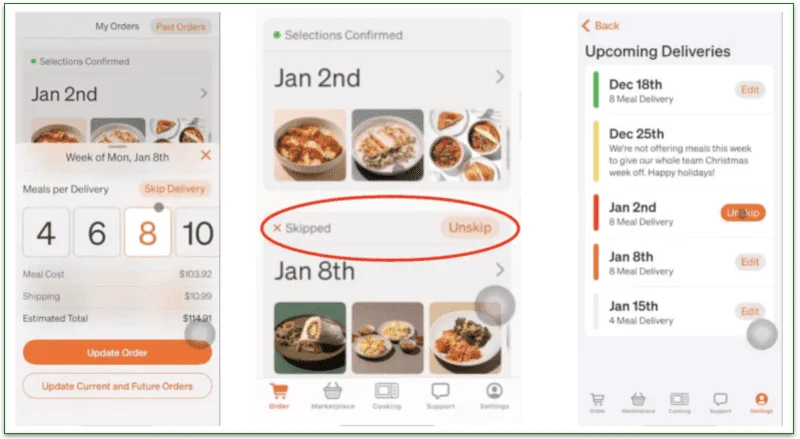 Screenshots showing how to skip a delivery on the Tovala app