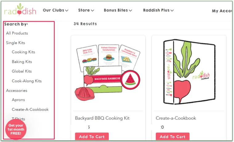 Raddish Kids Store filtering system