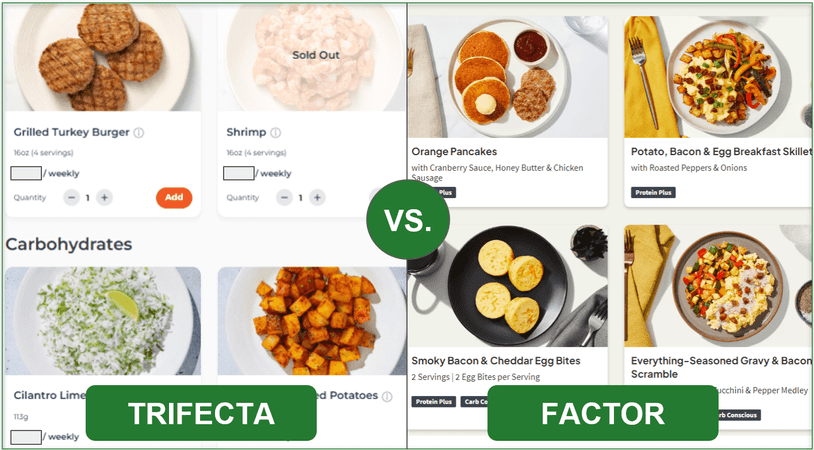 Comparison of Trifecta's Meal Prep menu and Factor's Add-Ons