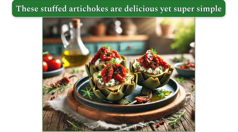 stuffed artichokes with sundried tomatoes and goat cheese, topped with herbs and olive oil drizzle