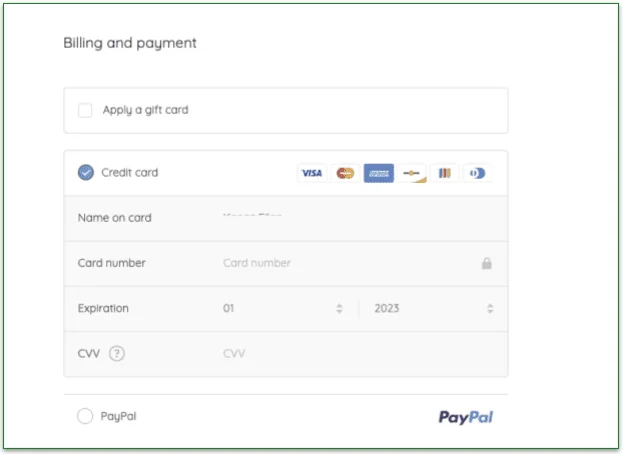 Screenshot of Sprinly's payment page