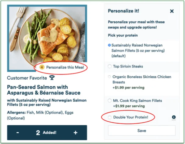 Pan-Seared Salmon meal with personalization options