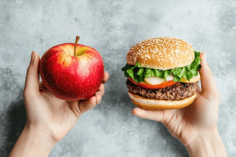 An apple held in 1 hand and a burger held in the other hand