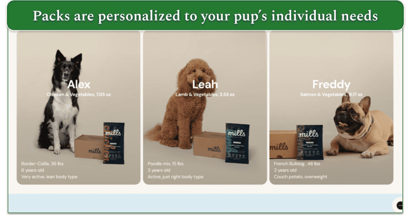 Screenshot from Mills website of 3 different dog breeds next to different size Mills packs with their basic details