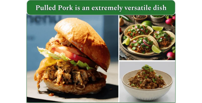 A collage of images showing tacos, a sandwich, and a rice bowl.